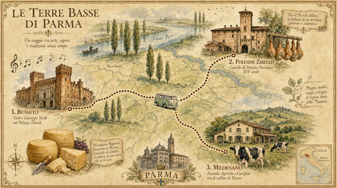 Mappa illustrata del percorso: Busseto, Polesine Zibello, Medesano